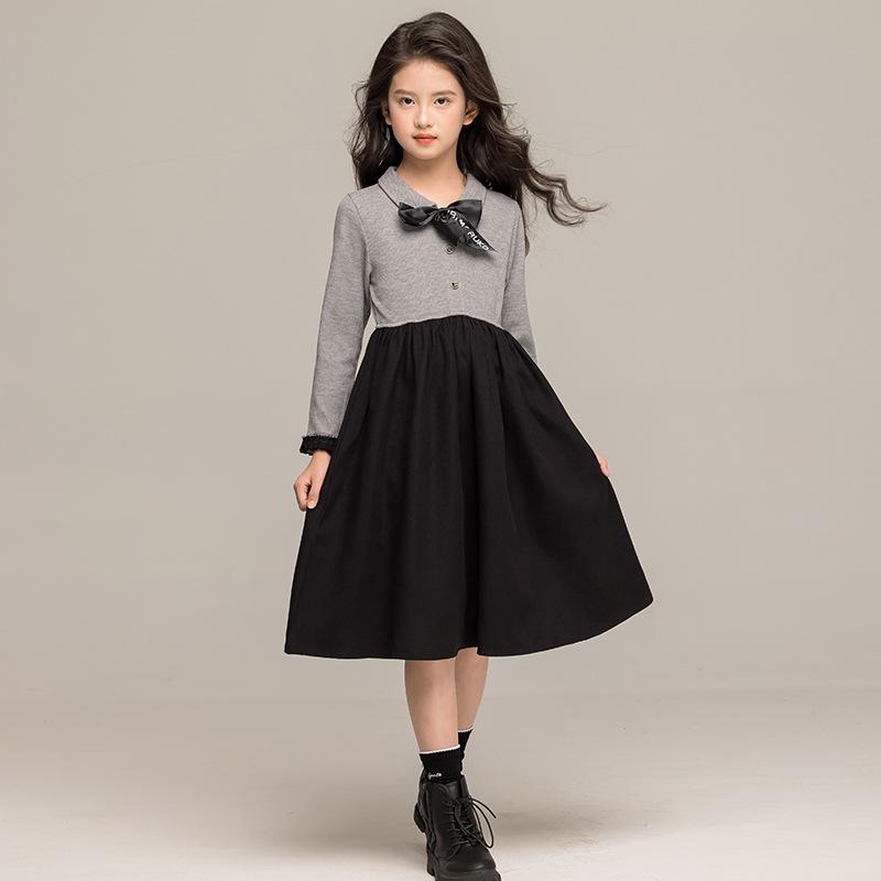 Осеннее платье для девочек в корейском стиле 2024 года с бантом и юбкой с воротником-рубашкой
