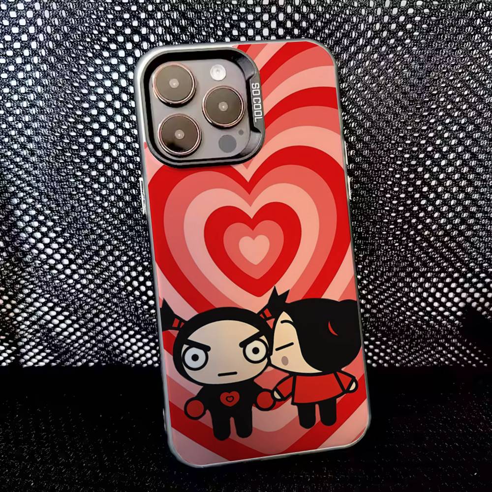 Милый чехол для телефона Pucca с сердечками для iPhone 16,15,14,13,12,11,8,7, Pro, Max, Plus, Mini, XS, SE, противоударный, черный, матовый, жесткий