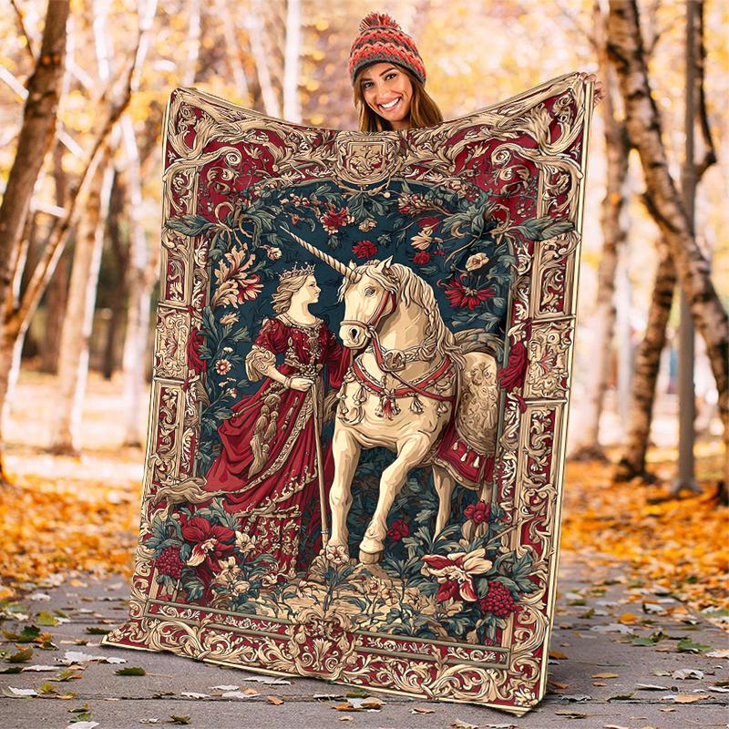 1PC Medieval Lady and Unicorn blanket, al season lightweigh Poster blanket home office outdoor nap multifunc Poster blanketional blanket