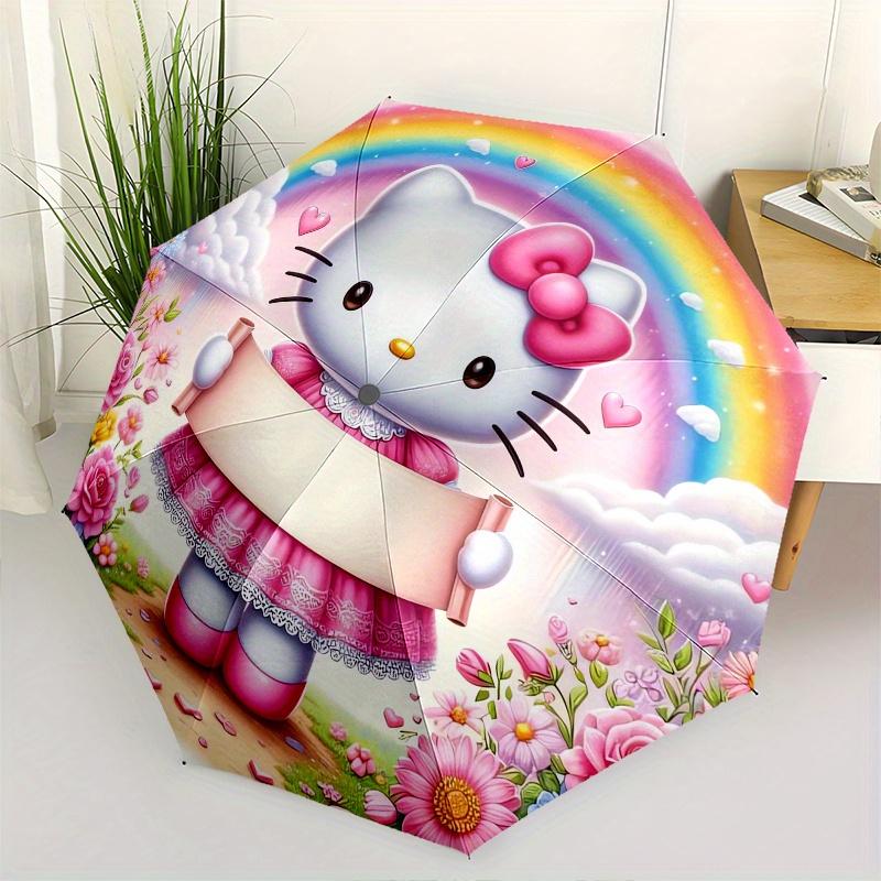 Hello Kitty,Rainbow Garden Automatic Folding Umbrella-Simple 8-Rib Design, Bright Cartoon Pattern, Durable Iron Frame, Suitable For Travel,