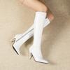 Autumn Winter Women Knee High Boots White Black High Thin Heel Club Dress Office Lady Pointed Toe Zipper Plush Long Riding Boots