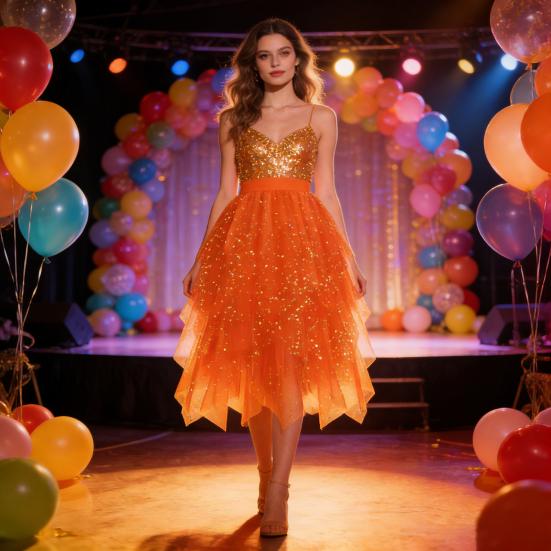 Женская юбка Звездное небо Двухслойная сетка Высокая талия Неровный подол Асимметричный высокий разрез Юбка для вечеринки/выступления