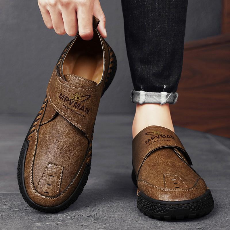 Mens Large Size Loafer Shoes Hand Stitched Slip On Casual Leather Flat Business Comfort