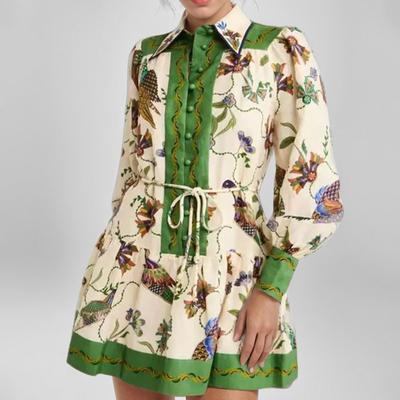 Осень Новая Европейская и Американская Женская Одежда Свежая Печать Лацкан Длинный Рукав Свободный Короткий Плиссированное Платье
