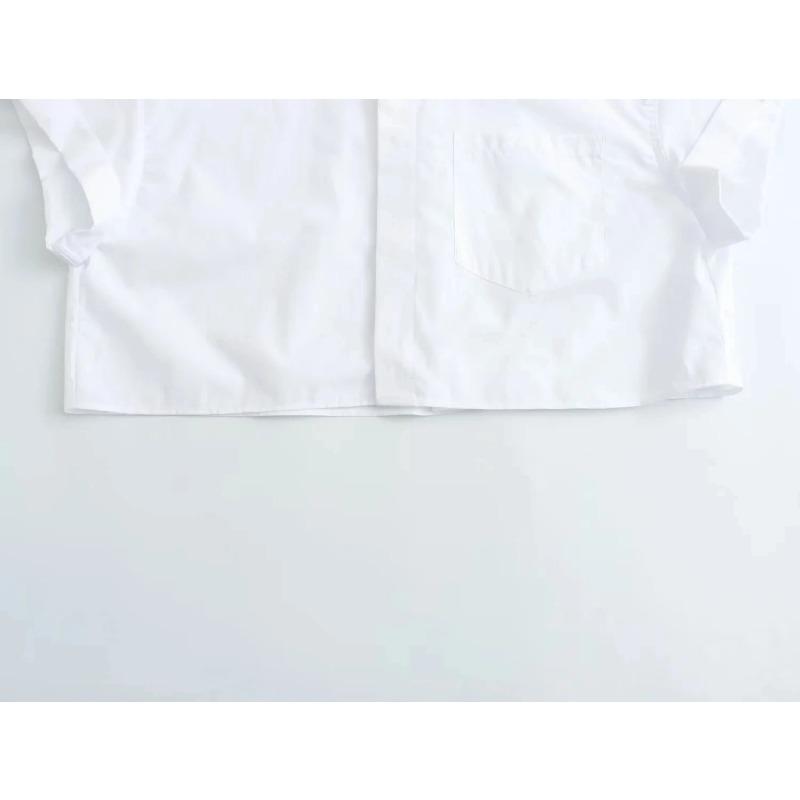 Women's Fashion Crop Poplin Shirt Women Casual Lapel Short Sleeve Pocket Front Button Versatile Female Top