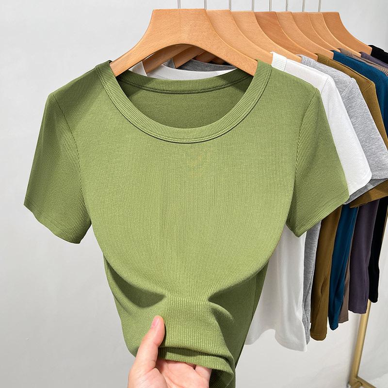 Футболка с короткими рукавами для женщин, новая женская однотонная внутренняя рубашка, модный топ с большим круглым вырезом и талией