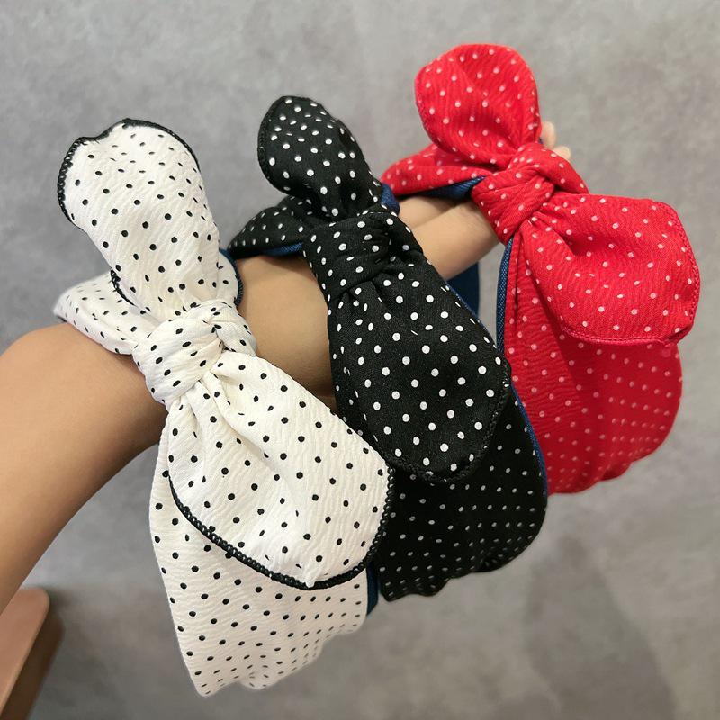 Корейская клетчатая темно-синяя повязка на голову с бантом и нескользящими зубцами для женщин