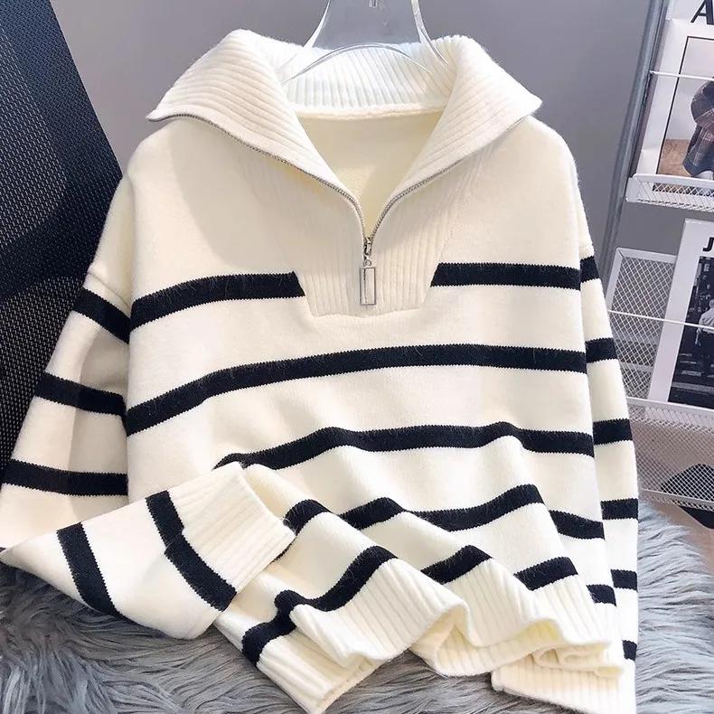 Spring and Autumn High Neck Sweater Pullover Women Underwear Zipper Stripe Underlay Short Style Sweater Female