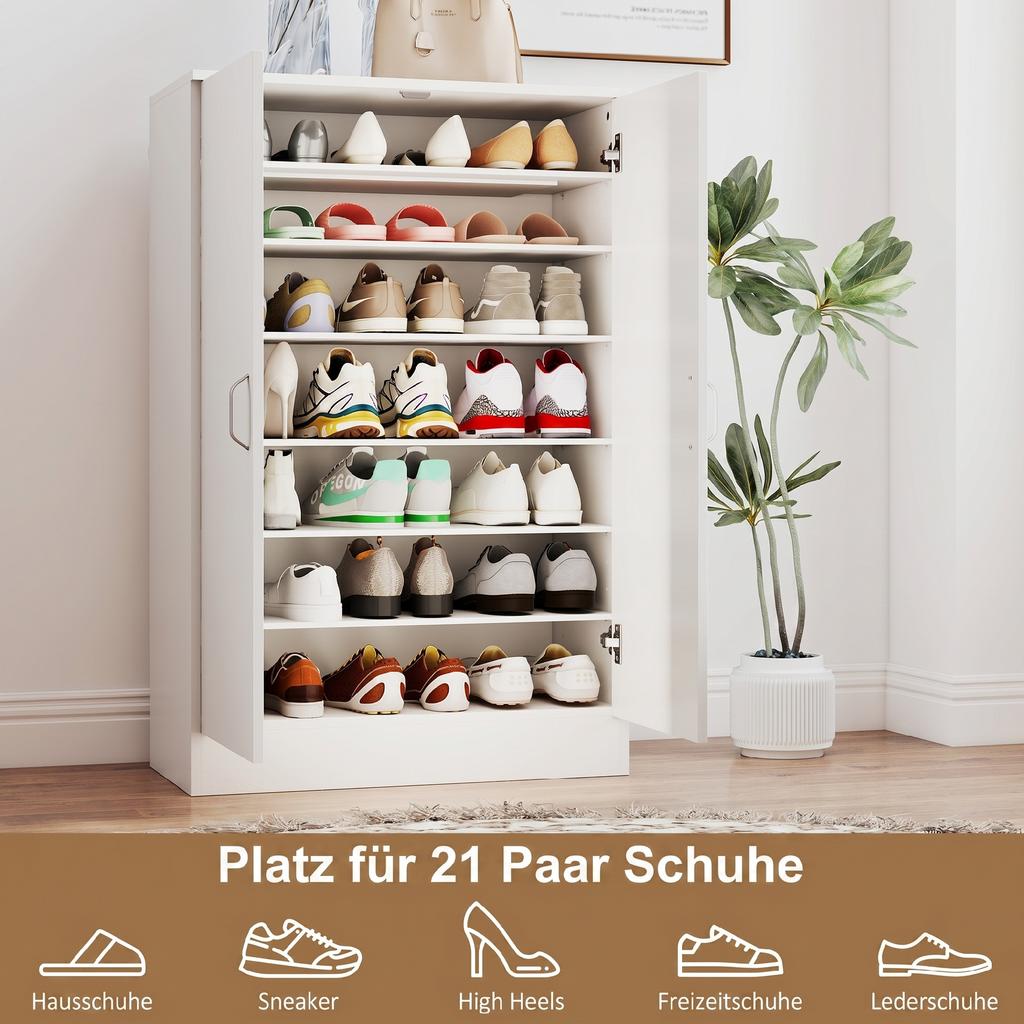 Shoe Cabinet with 2 Doors, 6 Adjustable Shelves, Soft-Close Hinges for 21 Pairs, White