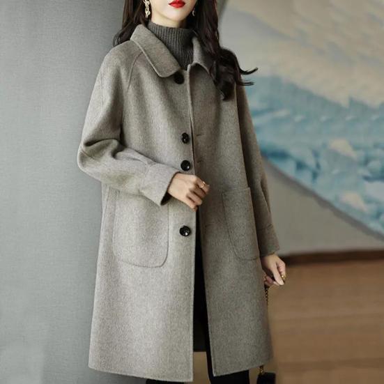 Women Winter Overcoat Turn-down Collar Pockets Pure Color Single-breasted Cardigan Loose Fit Coat Thermal Long Sleeves Commuting Dating Winter Coat