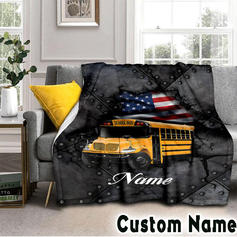 Custom Name School Bus Adventure Throws Blanket Flannel Blankets for Couch Bed Gifts for Men Women Picnic blanket Christmas fan gifts