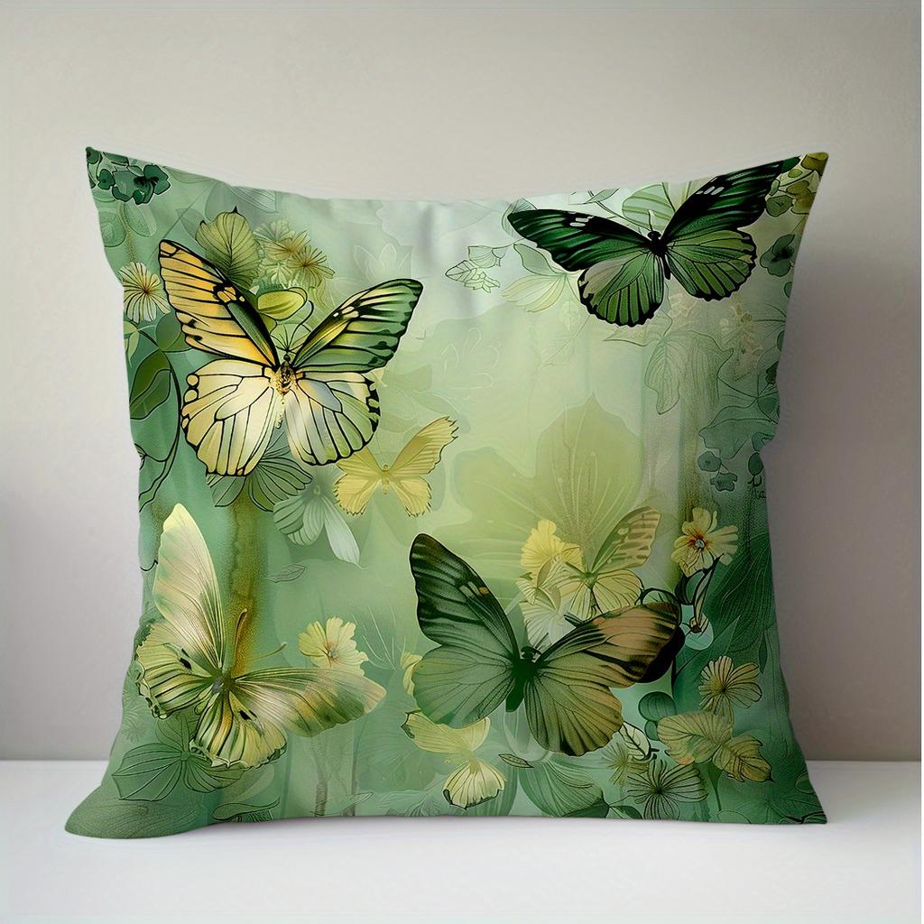 1pc Green Butterfly Floral Single-Sided Printed Pillowcase Sofa Cover - Short Plush Pillowcase 45 X 45Cm