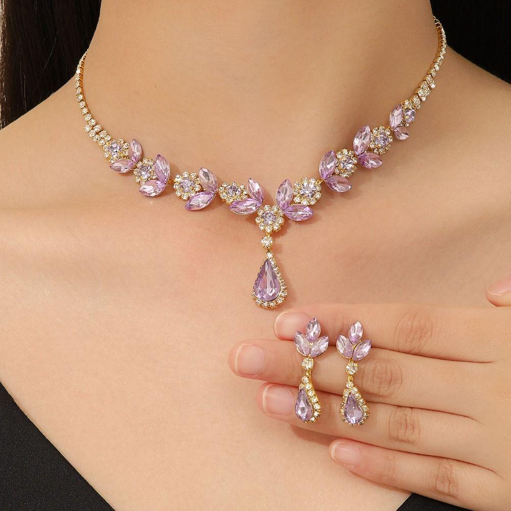 Shining Earrings Rhinestone Necklace Wedding Party Crystal Jewelry Set Women