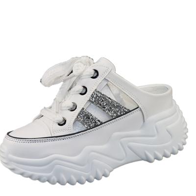 Модные полые полутапочки, женская летняя верхняя одежда, толстая подошва, внутренняя высота 8 см, без каблука, без шнуровки, ленивые белые кроссовки, обувь