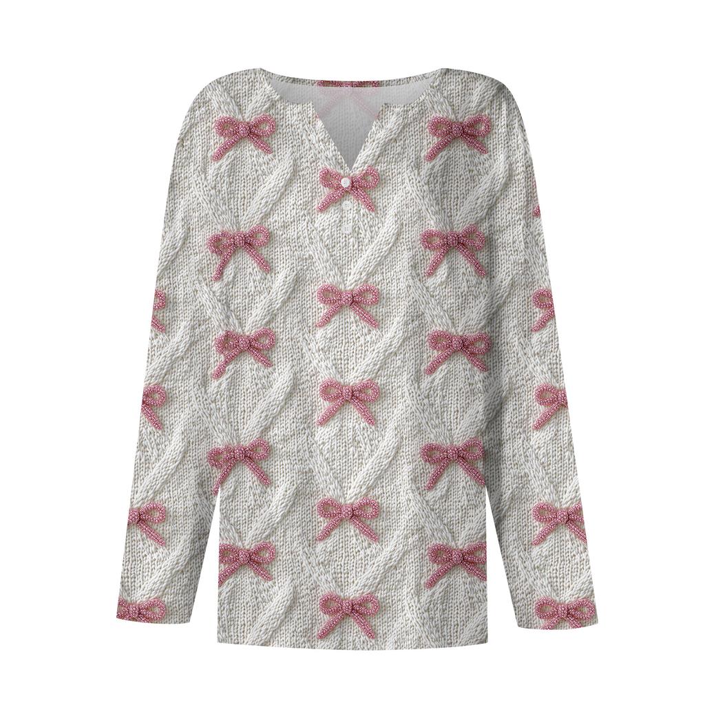 Women's Fashion Casual V-Neck Button-Up Long-Sleeve T-Shirt With Christmas Print Top