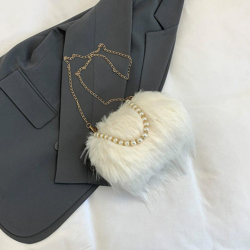 Furry Crossbody Bag with Pearl Handle Fashion Chain Plush Shoulder Bags for Women Soft Faux Fur Evening Party Purse