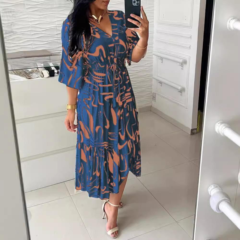 Женское платье-сарафан летнее с принтом рукав до локтя с V-образным вырезом А-силуэта миди платье