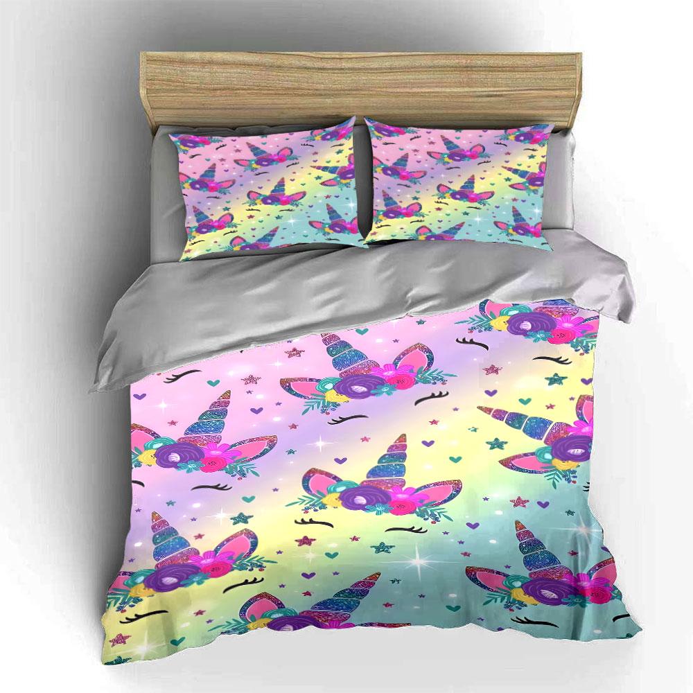 3Pcs Rainbow Gradient Unicorn Horn Floral Duvet Cover Set, Pastel Glitter Heart Girls Bedding Single Double King Queen, Gift
