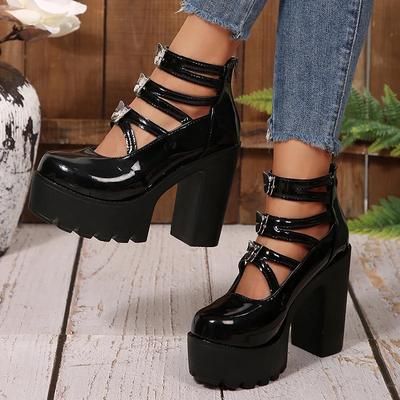 Туфли-лодочки на высоком каблуке с ремешком на щиколотке, украшенные бабочками, для женщин, готические массивные туфли на платформе Мэри Джейн, женские туфли на толстом каблуке, черные туфли Лолиты