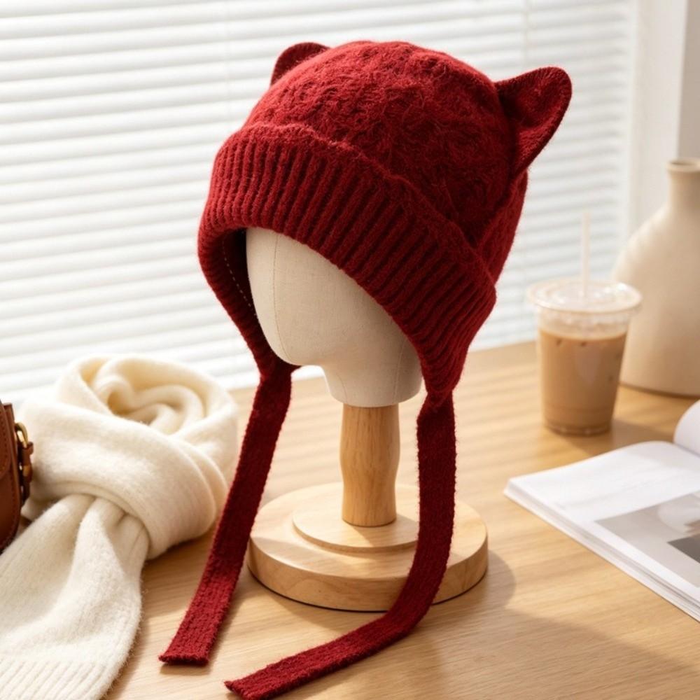 Warm Knitted Cat Ear Knit Hat 3D Cat Ear Head Cover Korean Style Soft Beanie Winter Commuting