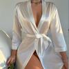 Пижама Женская Однотонный Сатиновый Ночной Халат С Длинным Рукавом и V-образным Вырезом, Халат с Поясом, Женская Одежда для Сна