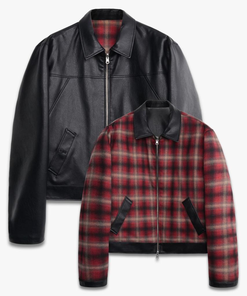 DOFFJASON Reversible Flannel Two-Face Leather Jacket Black/Red