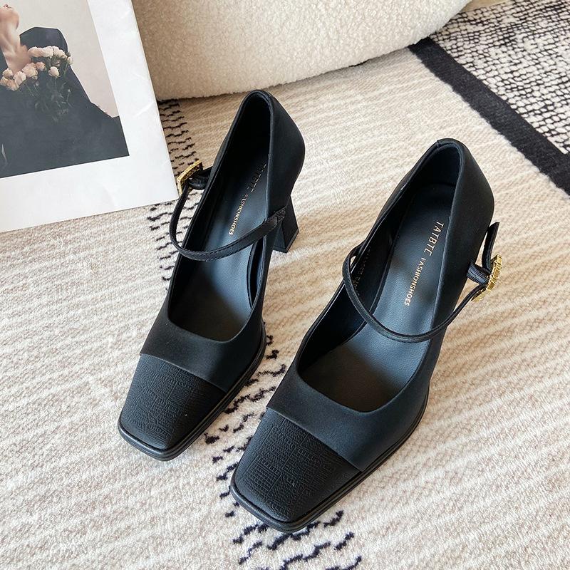 Туфли-лодочки Мэри Джейн на высоком каблуке, женские, на толстом каблуке, темпераментные, светские, весенние, комбинированные, модные, с квадратным носком, с ремешком на одной пряжке, одинарные туфли