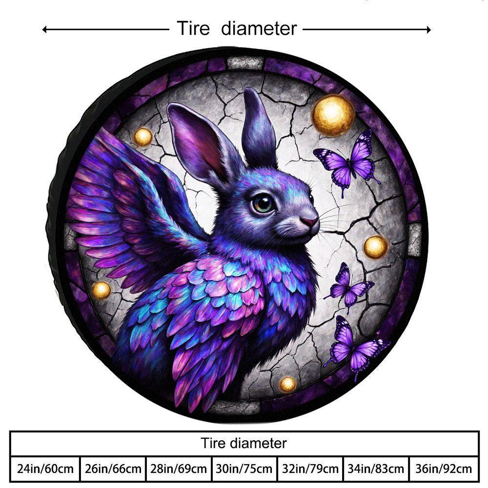 Tire Cover With A Whimsical Round Illustration Of A Winged Rabbit, Made Of Polyester Fiber, Featuring A Purple And Golden Theme