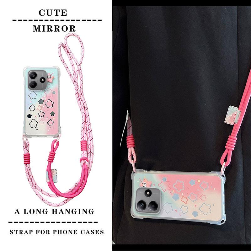 KEYSION Crossbody Strap Phone Case for Redmi Note 14 4G 5G Cute Cartoon Long Lanyard Mirror Shockproof Cover for Redmi Note 14 5G