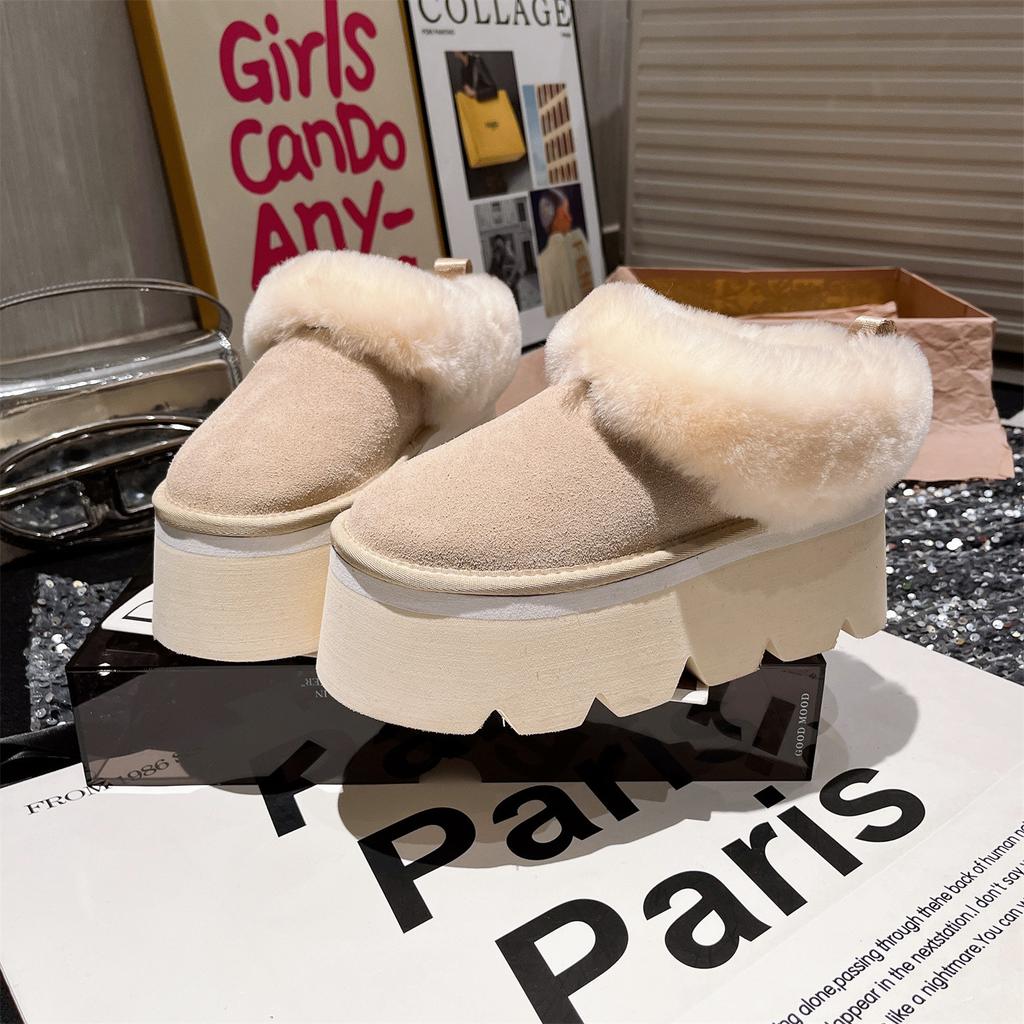 Кожаная шерстяная шерстяная обувь платформа маффин маленький человек 7 снежные хлопковые сапоги одна педаль полутапочки женская обувь прилив