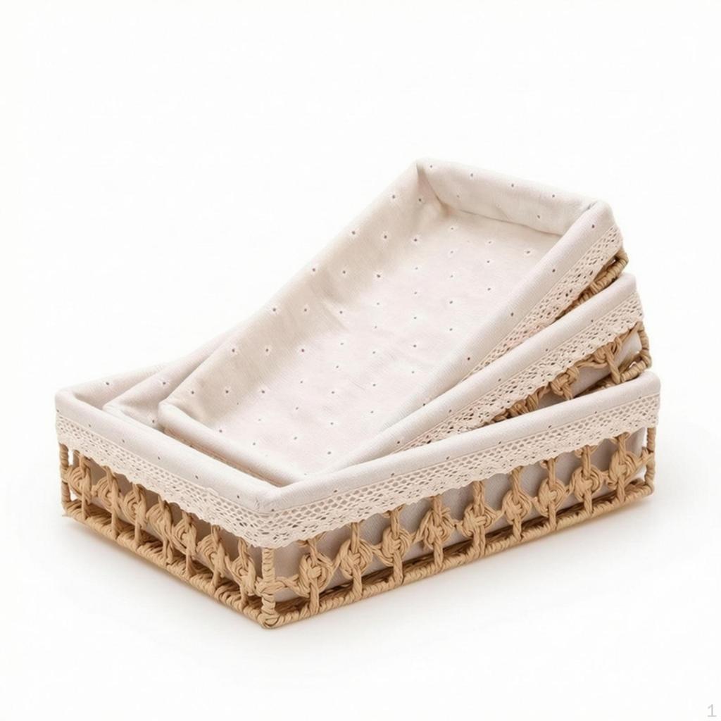 3 Pieces Woven Basket with Lining Rectangular Storage Liner Decorative Wicker Tray for