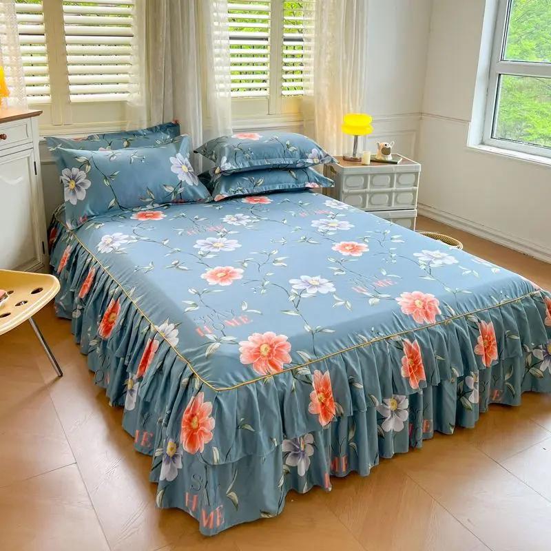Комплект юбки с цветочным узором, матрас, противоскользящий защитный чехол для домашнего постельного белья, двухслойная юбка, пылезащитный чехол на кровать