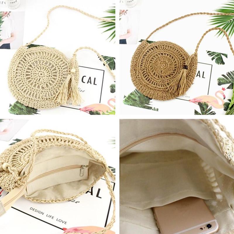 Yogodlns Round Soft Paper Rope Shoulder Bag Tassel Handmade Crossbody Bags Straw Bag Circle