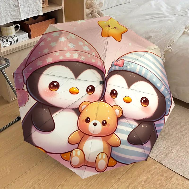 1pc Penguin Family with Teddy Bear Umbrella with Plastic Handle,Suitable for All Seasons Home Travel Outdoor UmbrellaDD1030