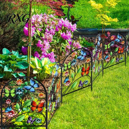 Metal Garden Ornament Fence Animal Barrier, Butterfly Floral Wire Panel Border, Arched Flower Bed Edging Panel, Barrier for Dogs, Rabbits, Patio Yard