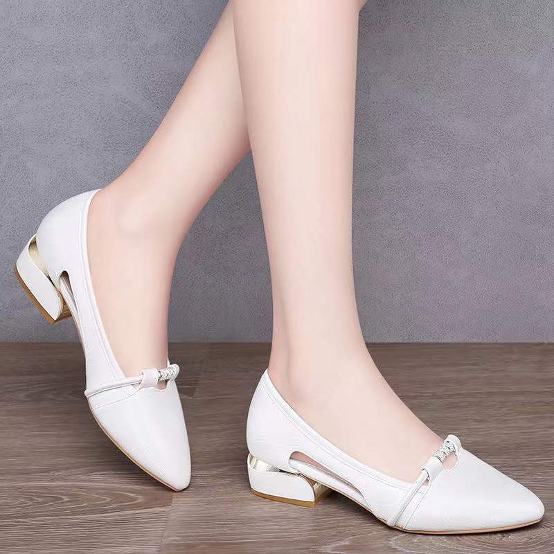 Shallow-mouthed Shoes Women's Low-heeled Spring and Autumn Shoes Joker White Thick Heel Work Shoes Anti-slip