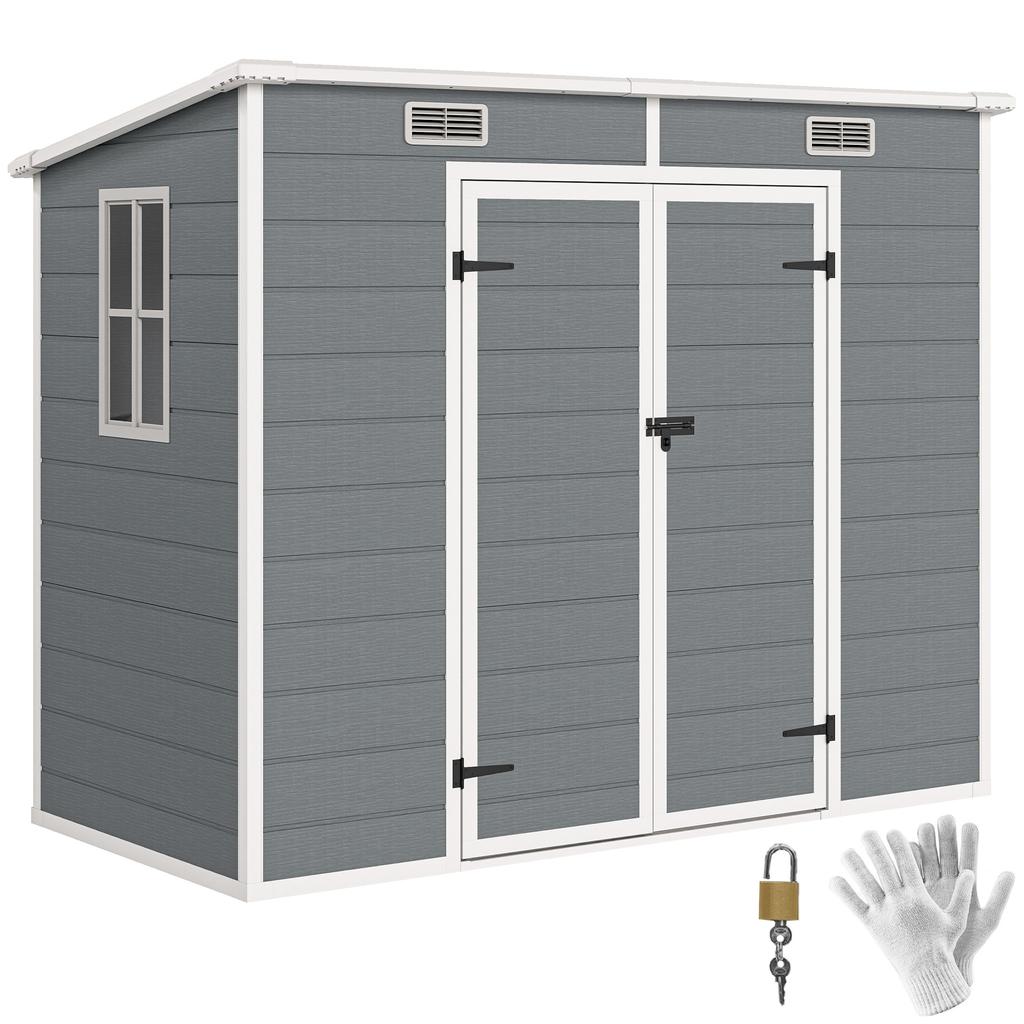 2.4 x 1.3 m Garden Shed, Plastic Garden House with Floor, Window, Lockable Doors, for Garden, Patio, Grey