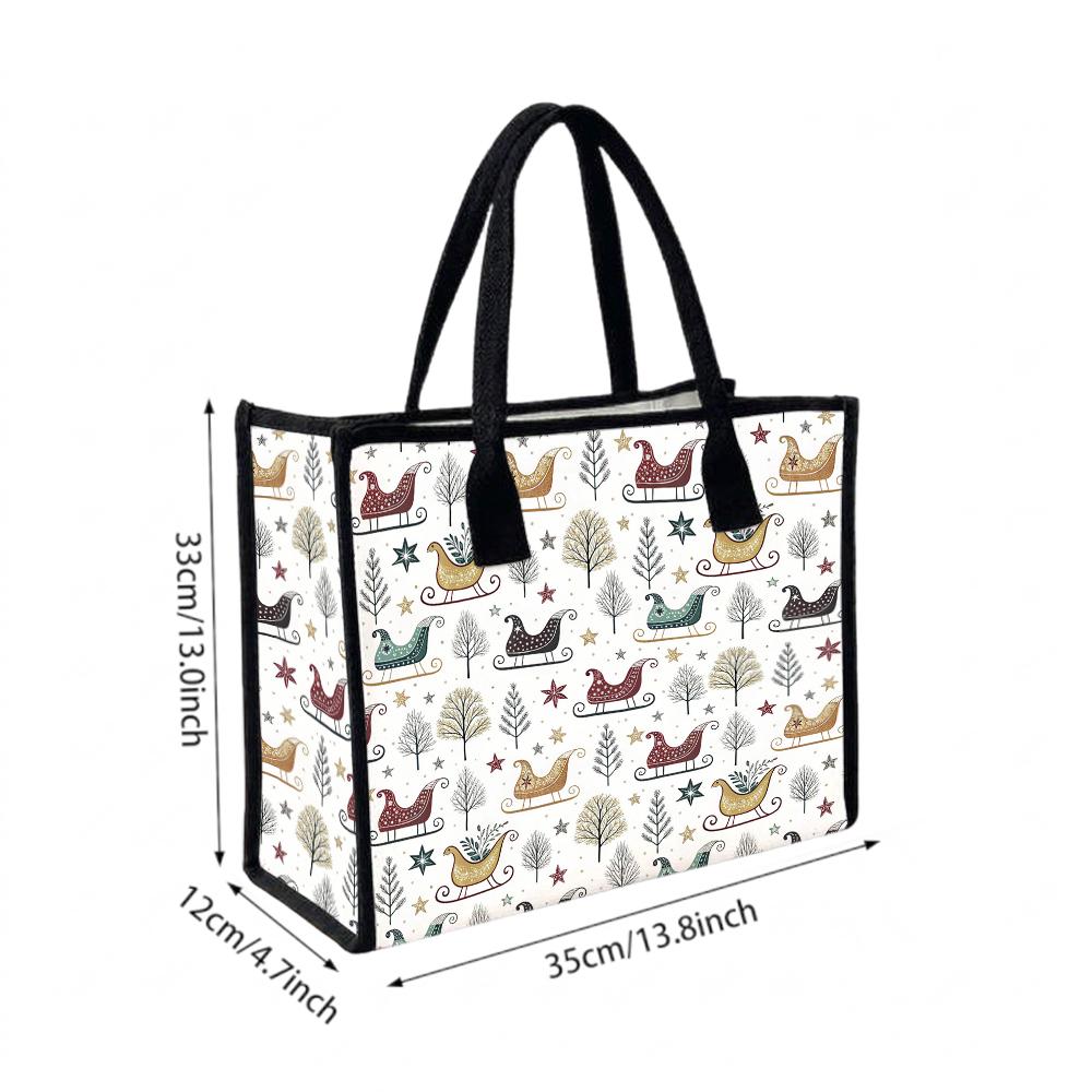 Christmas Sleigh Print Tote Bag Casual Large Capacity Reusable Handbag for Daily Shopping