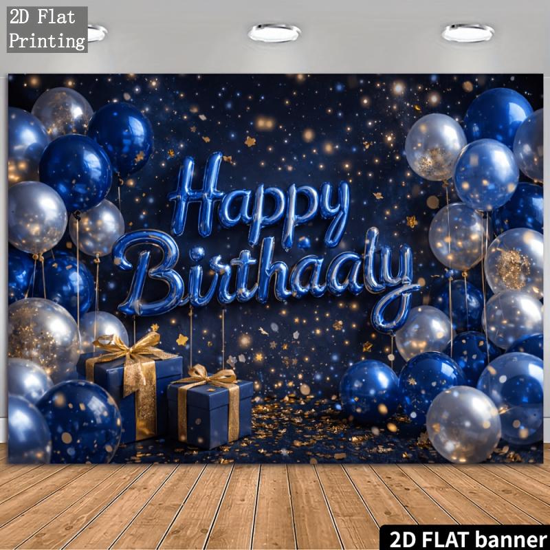 2DA 2D plane birthday party banner background featuring a theme of navy blue silver and gold balloonszyc