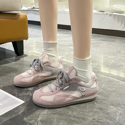 Сетчатые дышащие повседневные балетки женские летние новые с круглым носком, комбинированным передом на шнуровке, мягкой подошвой, универсальные ретро одинарные туфли-сетка