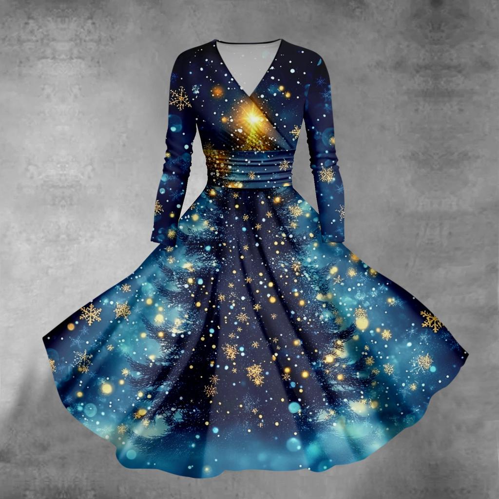 Женское облегающее платье свободного кроя с принтом рождественской елки и снежинок, V-образным вырезом и длинными рукавами