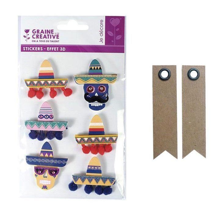 6 stickers 3D Sombreros 5,5 cm + 20 étiquettes kraft Fanion