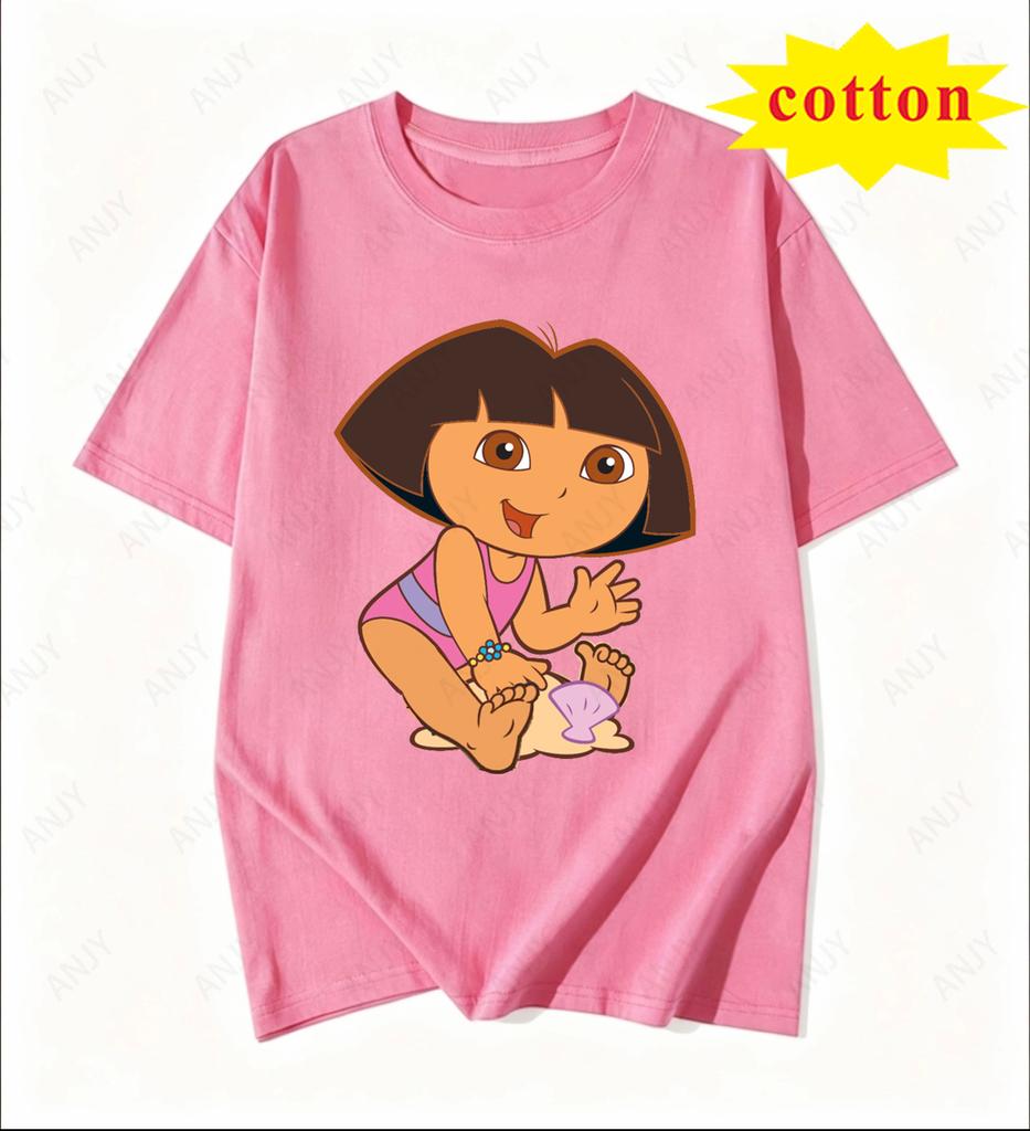 Dora The Explorer Cartoon Print Short Sleeve Loose Fit Pure Cotton Round Neck Tshirt Cute Unisex Top