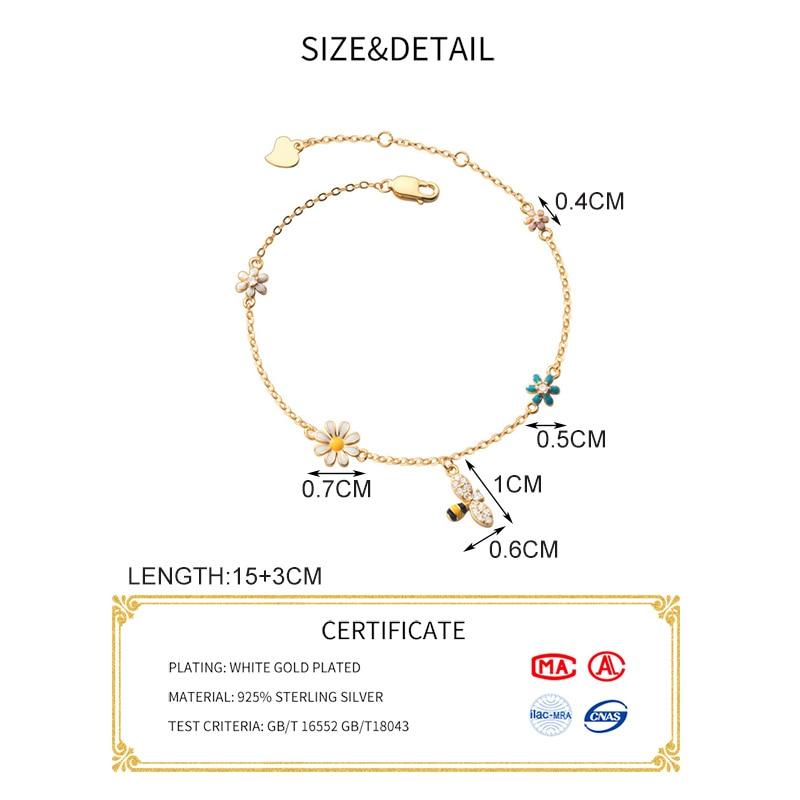 Real 925 Sterling Silver Zicon Flower Bee Bracelet For Fashion Women Party Cute Fine Jewelry Minimalist Accessories