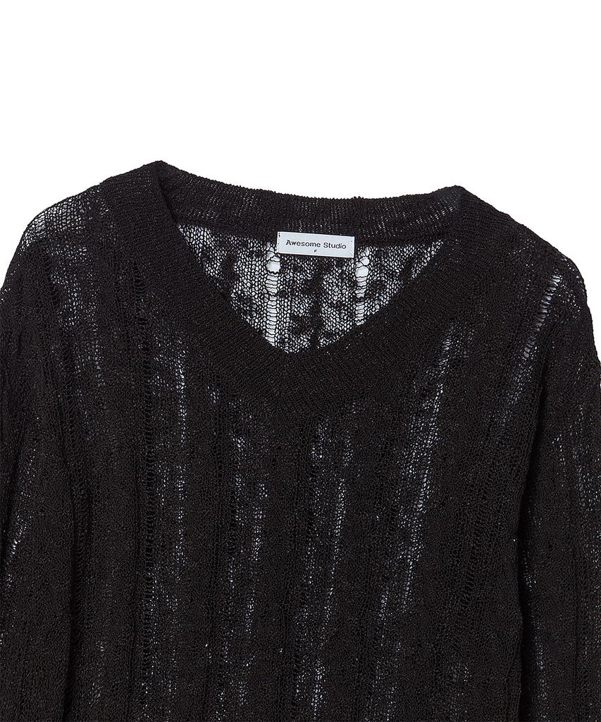 AWESOME STUDIO Distressed See-Through Long Sleeve Knit Black