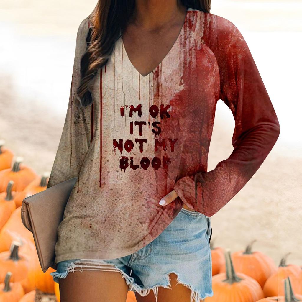 Женская футболка с длинным рукавом и V-образным вырезом, повседневный, удобный топ с принтом на Хэллоуин
