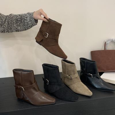 Sudingjia корейская версия остроносые замшевые ботильоны с пряжкой модные женские ботильоны 2025 года новые тонкие на скрытой платформе модные ботильоны-чулки