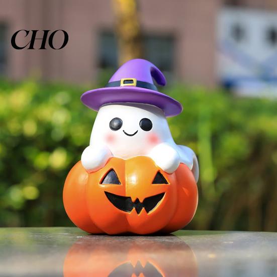 Unique Holiday Ornaments Halloween Ghost Figurine, Cute Spooky on Pumpkin Decoration, Resin Small Desktop Window Display Tabletop Ornament with Witch