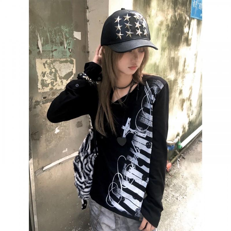 Womens Long Sleeve Black T-Shirt Y2k Streetwear Polka Dot Print Loose Fit Sun Protection Top