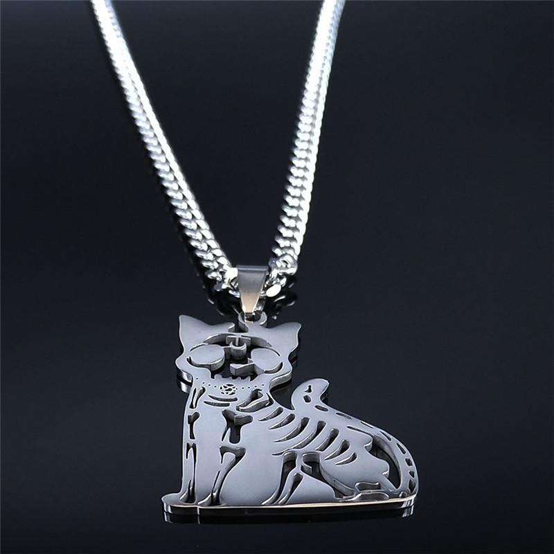 Gothic Wicca Skeleton Cat Pentagram Stainless Steel Necklace Women/Men Necklaces Jewelry collar acero inoxidable 3828-QKC